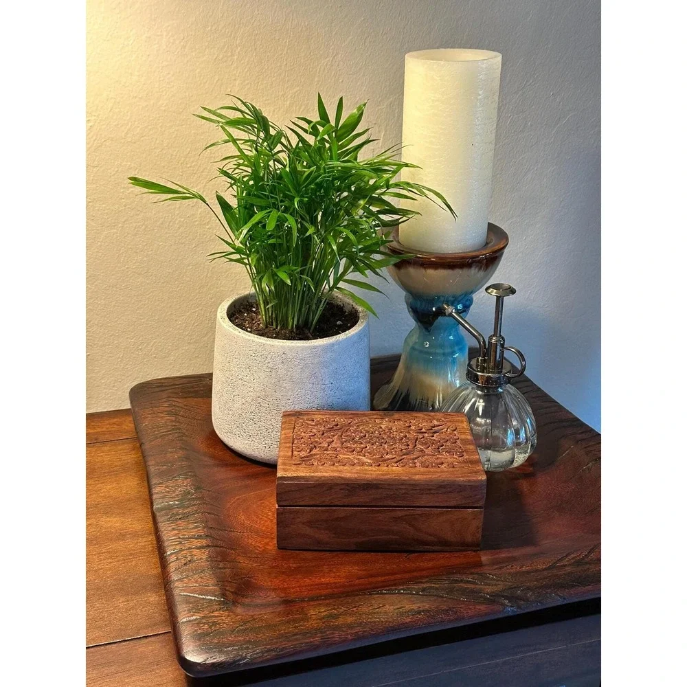 Vintage MCM Wooden Hand-Carved Hinged Lid Keepsake Box